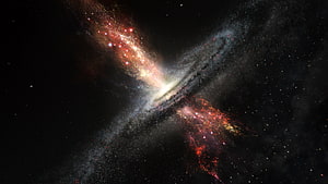 Stunning Galaxy Collision Artwork Featuring Red and Blue Nebulae in Deep Space HD wallpaper