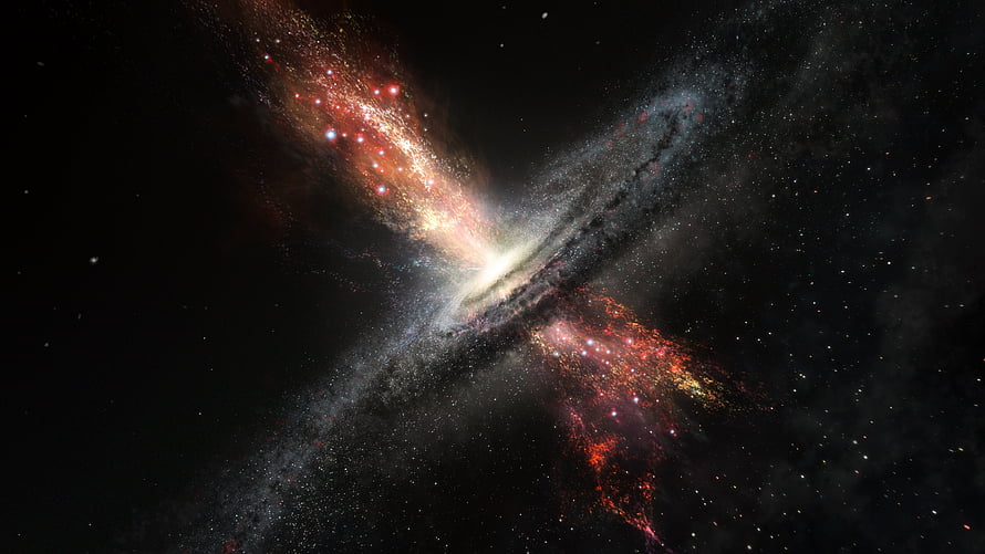 Stunning Galaxy Collision Artwork Featuring Red and Blue Nebulae in Deep Space HD wallpaper