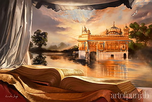 Sri Guru Granth Sahib Ji Resting Before Amritsar Sahib Temple at Golden Hour HD wallpaper