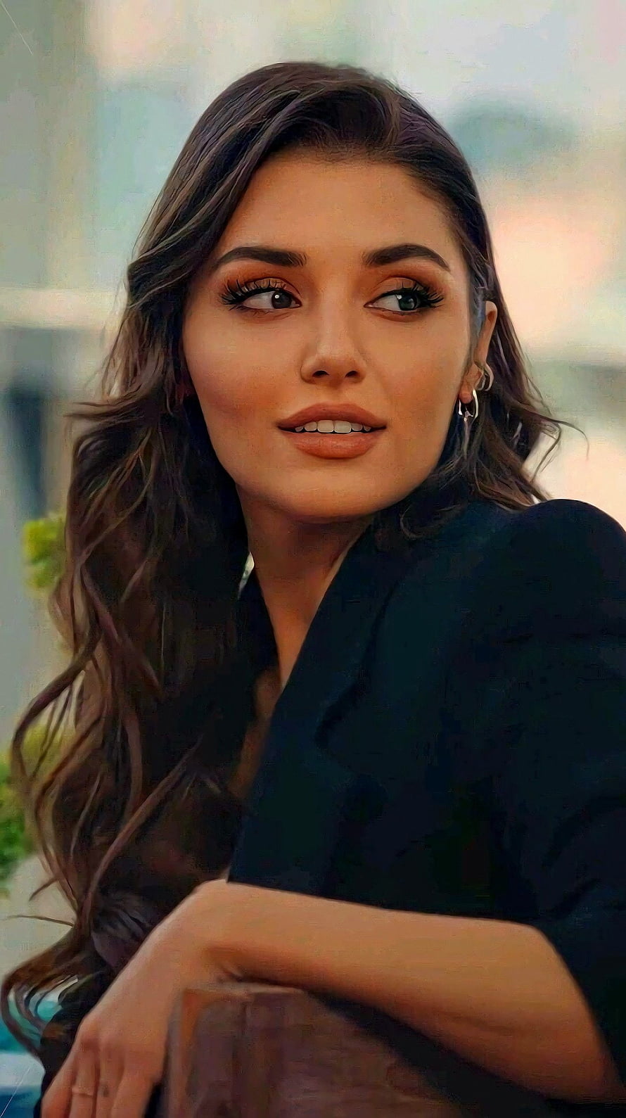 Hande Erce Turkish Actress Portrait in Black Blazer with Wavy Hair HD phone wallpaper