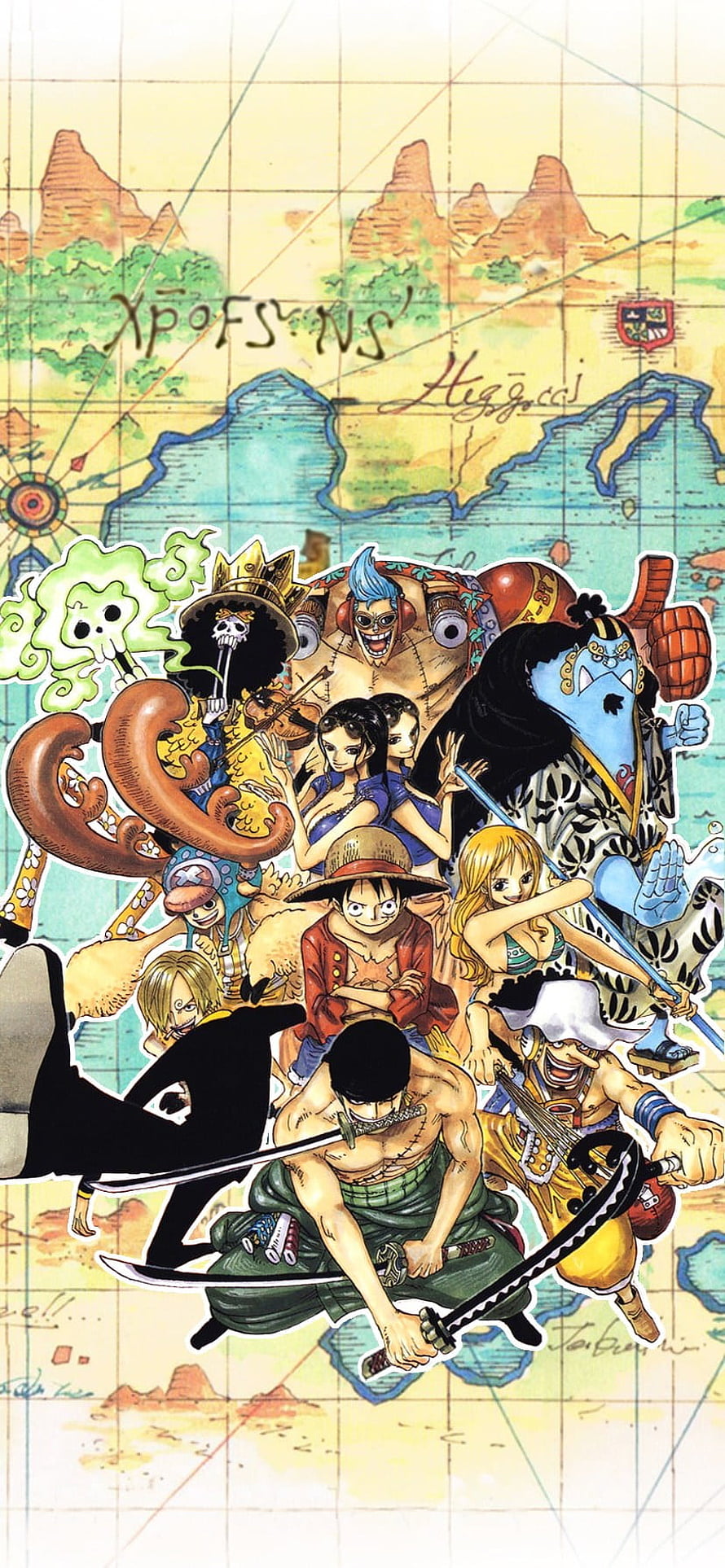 One Piece Straw Hat Pirates Crew Group Portrait on Vintage Nautical Map HD phone wallpaper