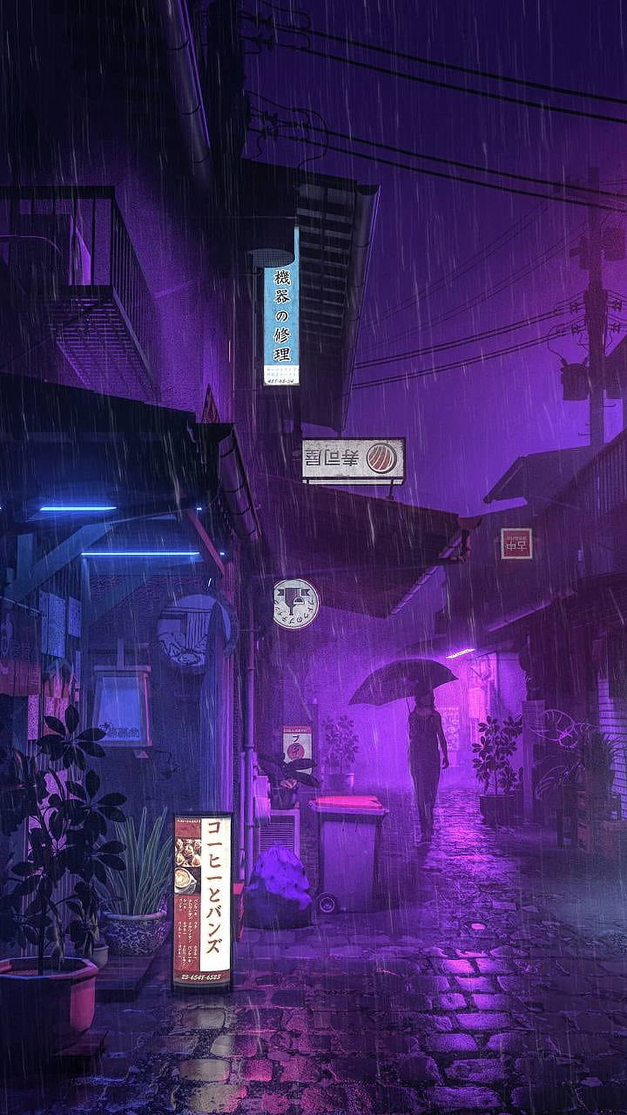 Cyberpunk Japanese Alleyway in Heavy Rain with Neon Purple Lighting and Lone Figure HD phone wallpaper
