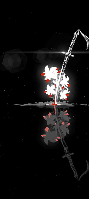 Stylized Katana Sword Plunged into Water with Red-Tipped White Flowers and Dark Reflection HD phone wallpaper