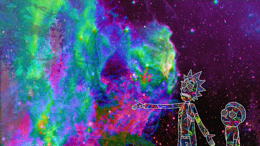 Rick and Morty psychedelic space nebula artwork with vibrant cosmic colors and animated characters HD wallpaper