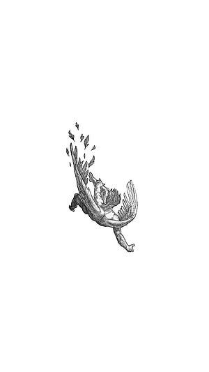 Icarus Falling: Black and White Pencil Sketch of a Winged Figure Dissolving into Feathers HD phone wallpaper