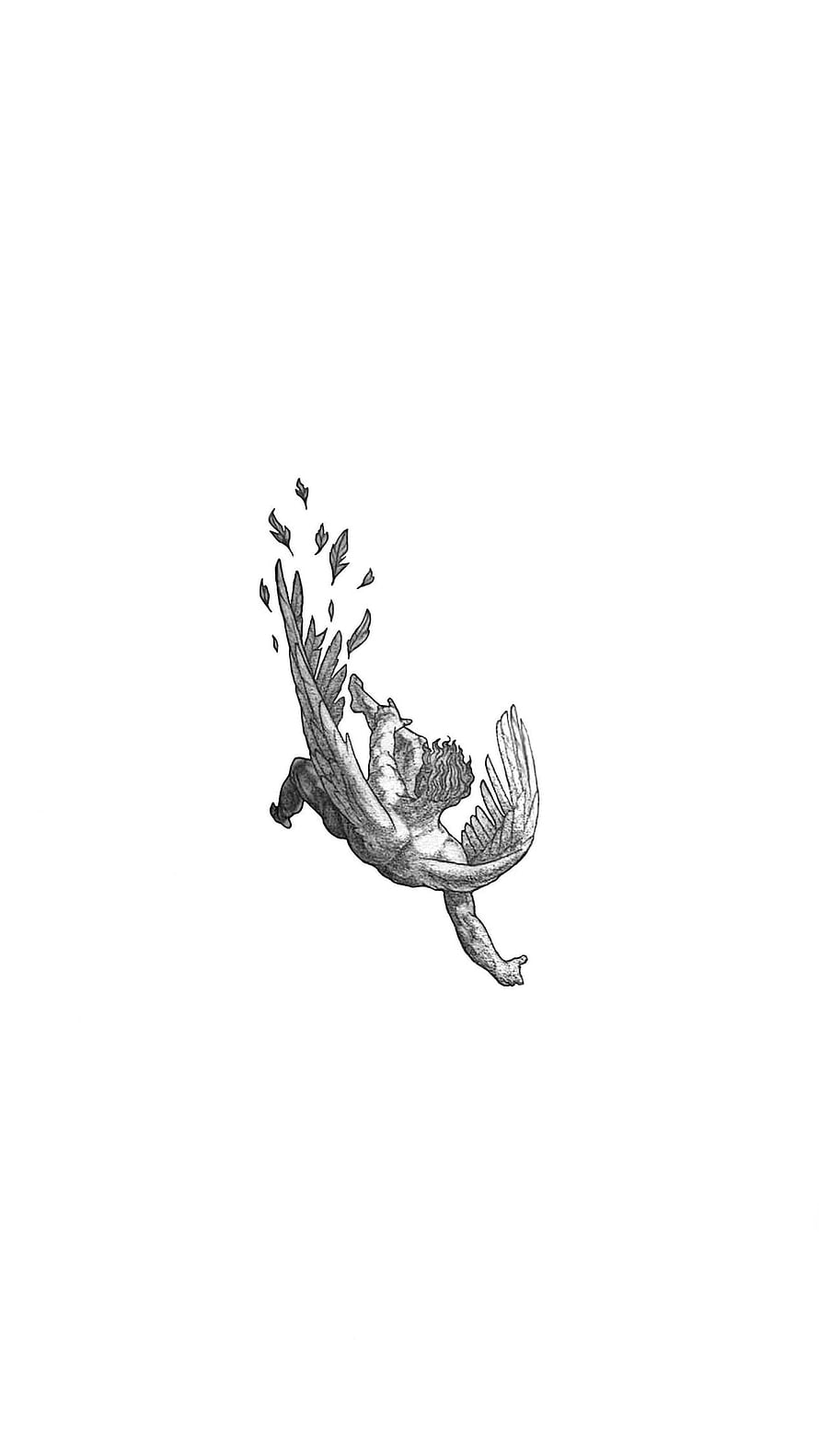 Icarus Falling: Black and White Pencil Sketch of a Winged Figure Dissolving into Feathers HD phone wallpaper