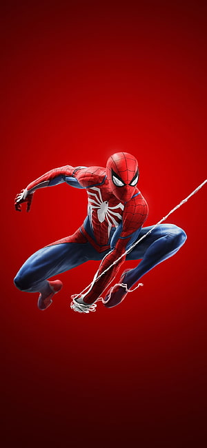 Spider-Man in Dynamic Crouching Pose with Web Line Against Deep Red Background, Spider Man : Background For , Spiderman Aesthetic HD phone wallpaper