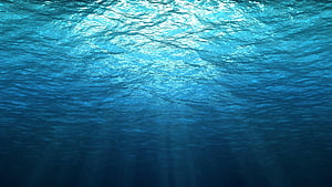 Deep Blue Ocean Underwater View With Sunlight Rays Penetrating The Surface HD wallpaper