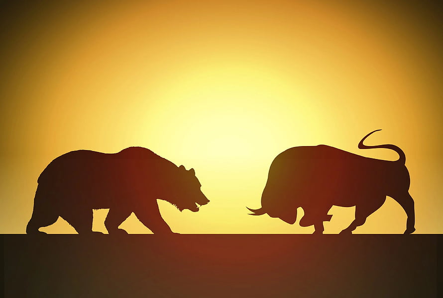 Bull and Bear Silhouettes Confronting at Golden Sunset HD wallpaper