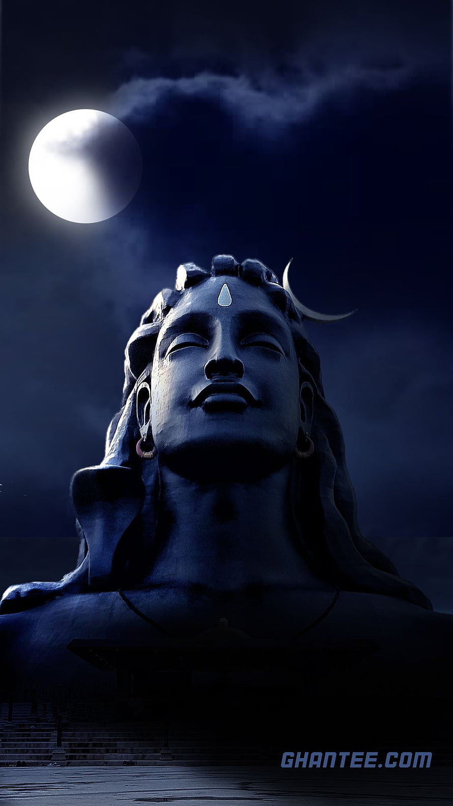 Lord Shiva Statue Under Full Moon With Crescent Adornment and Serene Expression HD phone wallpaper