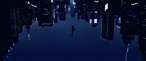 Lone Figure Floating in Upside-Down Neon Cyberpunk Cityscape HD wallpaper