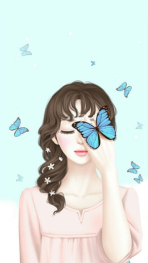 Dreamy Anime Girl With Blue Butterfly And Floral Hair Illustration HD phone wallpaper