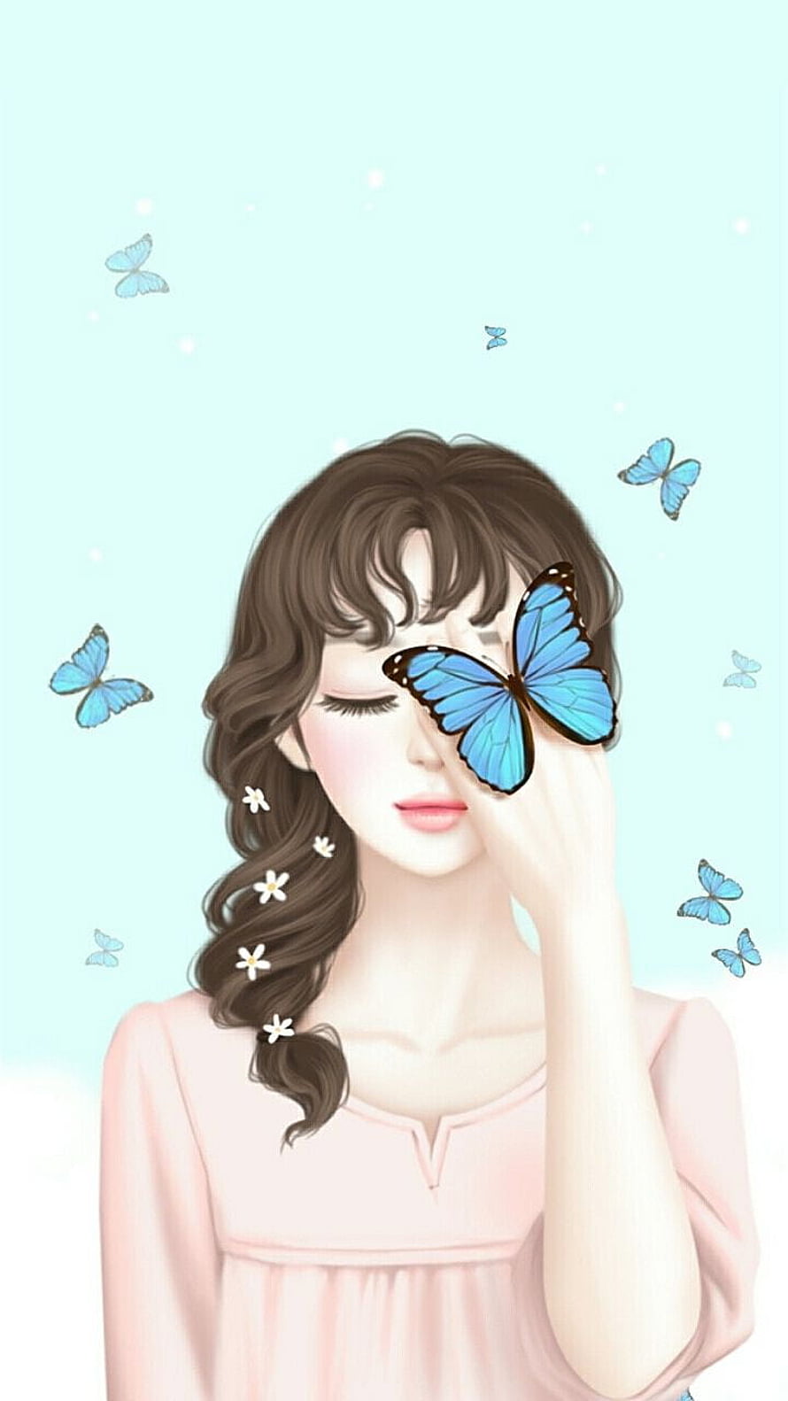 Dreamy Anime Girl With Blue Butterfly And Floral Hair Illustration HD phone wallpaper