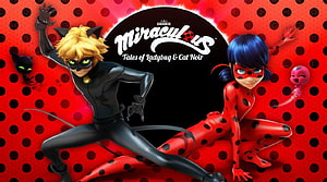 Miraculous Ladybug and Cat Noir Hero Pose on Red Polka Dot Background HD wallpaper