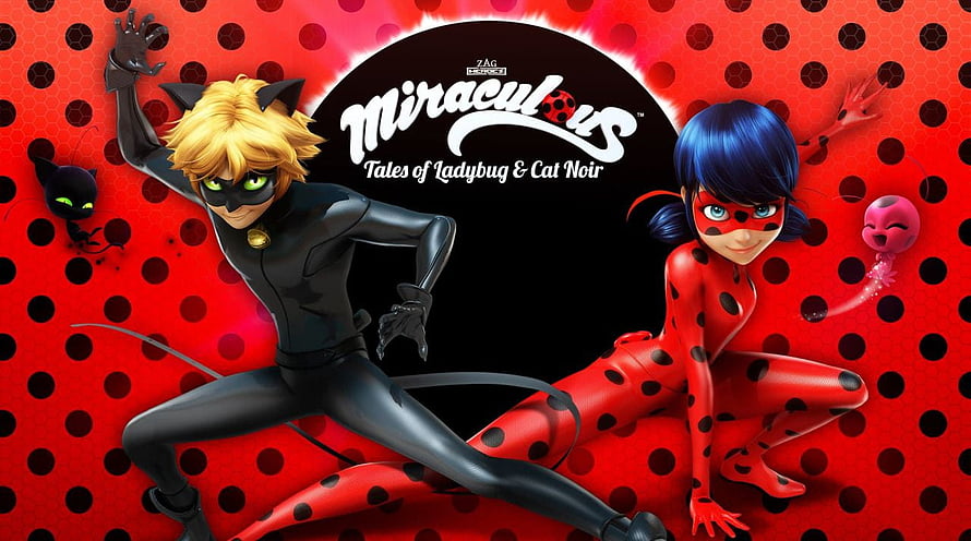 Miraculous Ladybug and Cat Noir Hero Pose on Red Polka Dot Background HD wallpaper