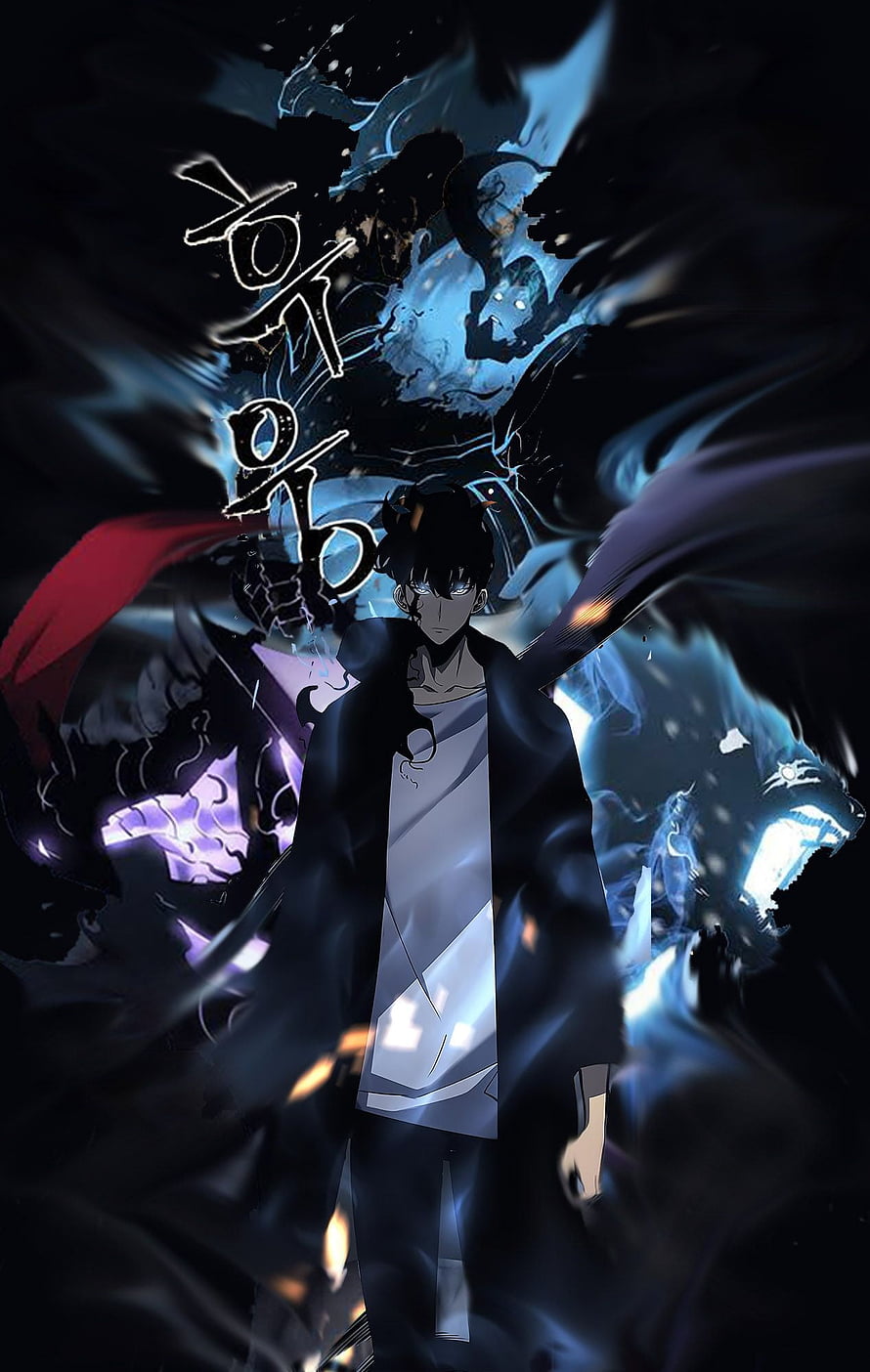 Solo Leveling Anime Character with Dark Energy and Blue Flames HD phone wallpaper