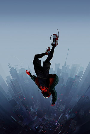 Miles Morales Spider-Man Free Falling Over City Skyline, Spider Man No Way Home, spiderman, anime, spidermannowayhome HD phone wallpaper