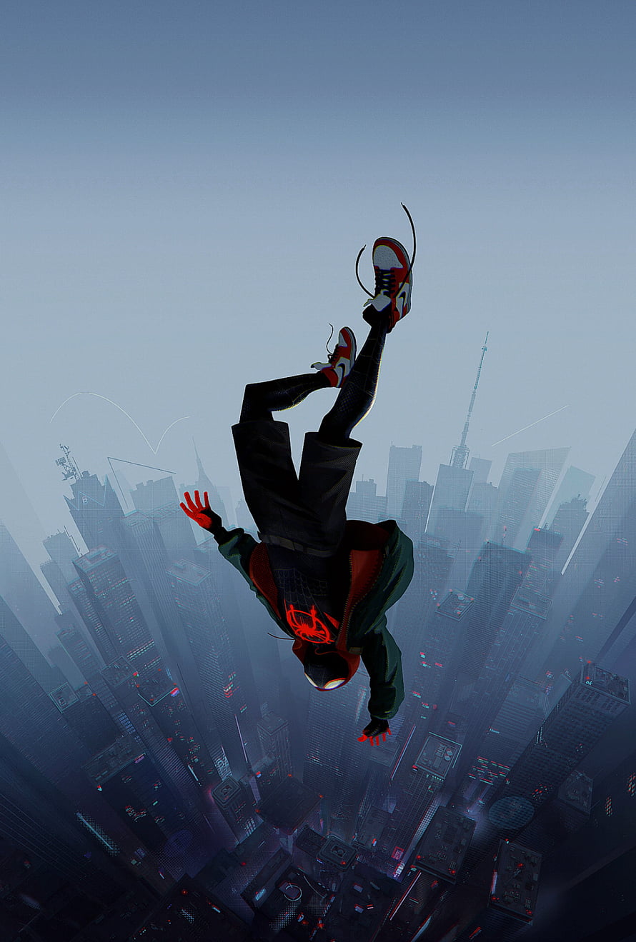 Miles Morales Spider-Man Free Falling Over City Skyline, Spider Man No Way Home, spiderman, anime, spidermannowayhome HD phone wallpaper