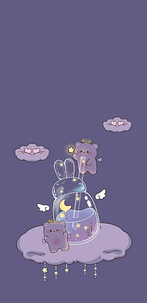 Cute Purple Bear and Rabbit Bubble Tea Illustration with Stars and Clouds HD phone wallpaper