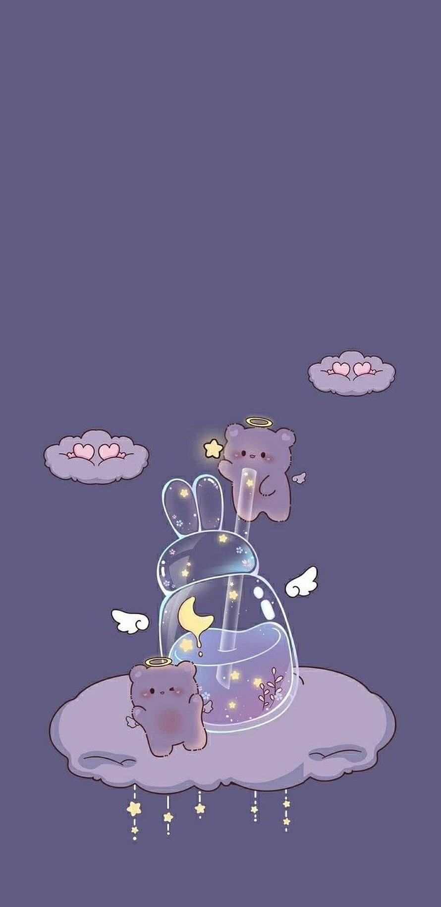 Cute Purple Bear and Rabbit Bubble Tea Illustration with Stars and Clouds HD phone wallpaper
