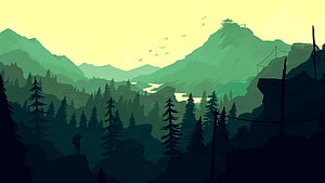 Stylized Mountain Valley Landscape with Silhouetted Pine Forest and Distant Watchtower HD wallpaper