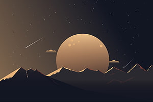 Minimalist Night Sky with Giant Moon Over Mountain Range HD wallpaper