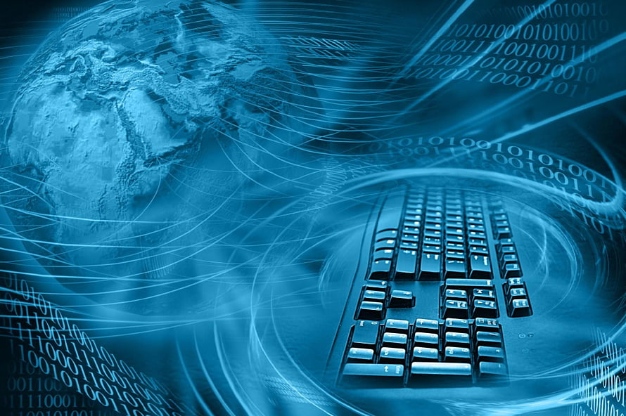 Digital Technology Concept with Globe, Keyboard, and Binary Code in Blue Tones HD wallpaper