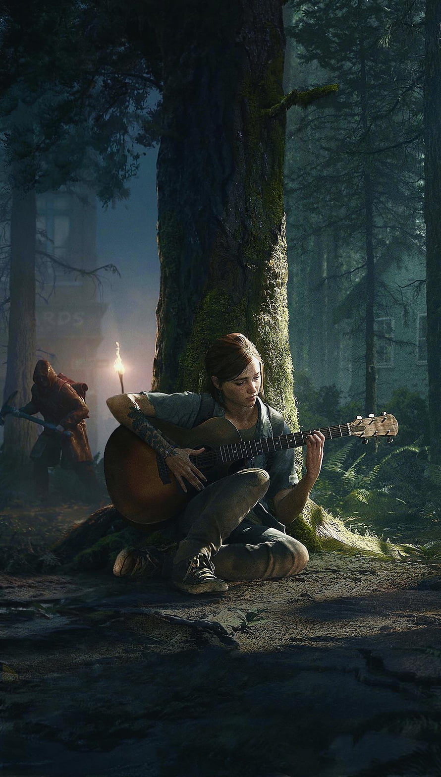 Ellie playing acoustic guitar in the forest from The Last of Us Part II HD phone wallpaper