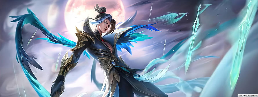 Yone from League of Legends in Demon Slayer Style with Blue Hair and Ice Blades HD wallpaper