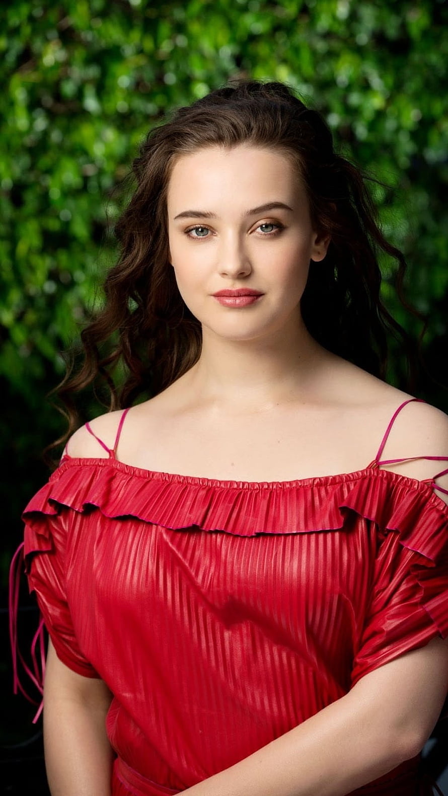 Katherine Langford in a Red Off-Shoulder Top Portrait HD phone wallpaper