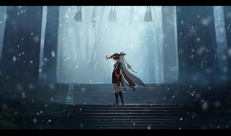 Scaramouche Standing on Stone Steps in a Snowy Forest from Genshin Impact HD wallpaper