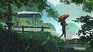 Anime Girl Walking Through Rainy Japanese Garden With Red Umbrella HD wallpaper
