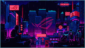 ROG Cyberpunk Pixel Art Cityscape with Neon Signs and Silhouetted Figures HD wallpaper