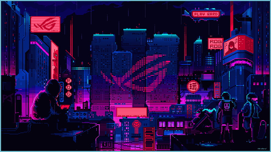 ROG Cyberpunk Pixel Art Cityscape with Neon Signs and Silhouetted Figures HD wallpaper