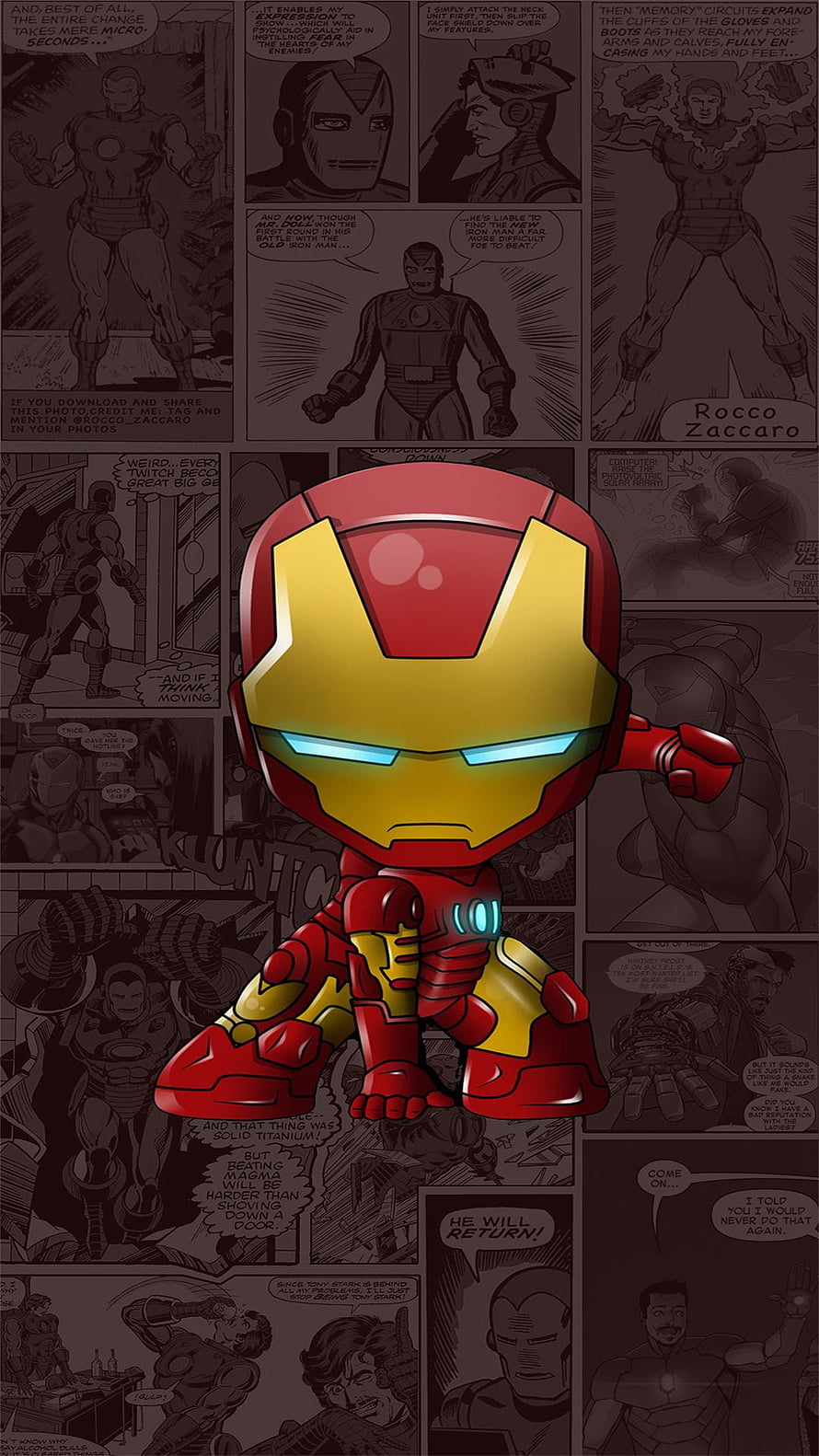 Cute Chibi Iron Man 3D Render with Glowing Arc Reactor and Comic Book Background, Cute Iron Man Cartoon, Funny Iron Man HD phone wallpaper