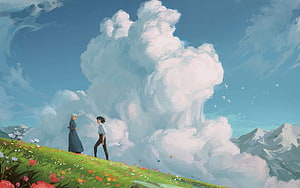 Howl's Moving Castle: Sophie and Howl on a Flowering Hill Under a Vast Cloud HD wallpaper