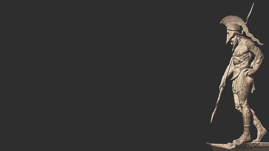 Classical Greek Warrior Statue with Spear and Helmet on Dark Background HD wallpaper