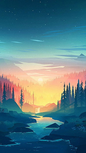 Serene Vector Landscape With River, Pine Forest, and Sunset Mountains HD phone wallpaper