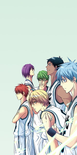 Kuroko no Basuke basketball team lineup in white uniforms with glowing energy effects HD phone wallpaper