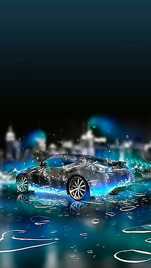Sleek Blue Sports Car Splashing Through Water at Night with City Lights HD phone wallpaper