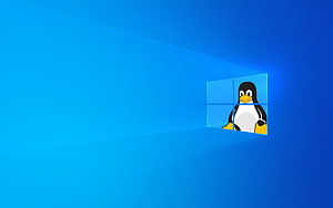 Tux the Linux Penguin Peeking Through a Windows 10 Style Window on a Blue Gradient Background HD wallpaper