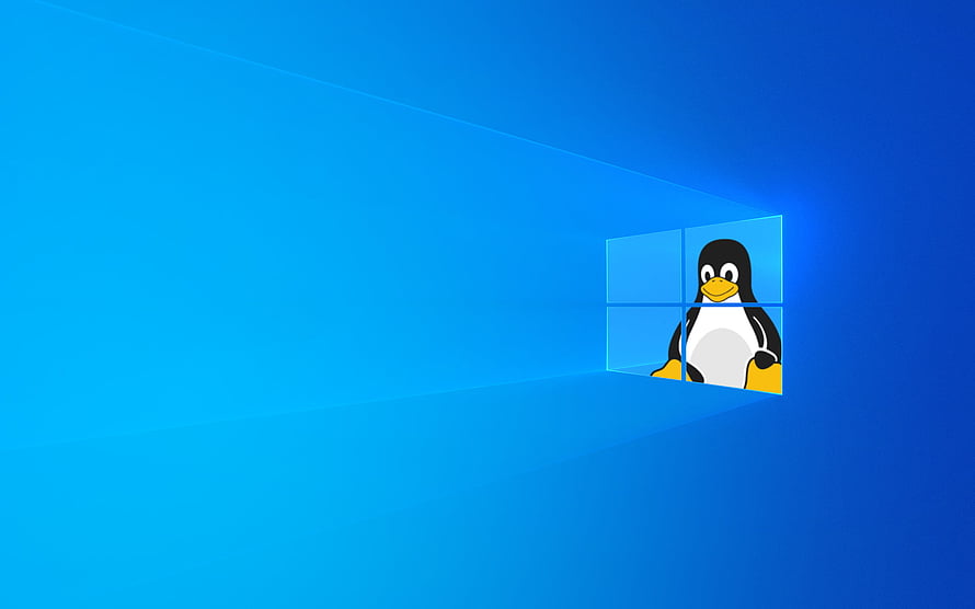 Tux the Linux Penguin Peeking Through a Windows 10 Style Window on a Blue Gradient Background HD wallpaper