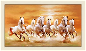 Seven White Horses Galloping Together in a Golden Sunset Landscape HD wallpaper