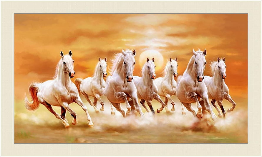 Seven White Horses Galloping Together in a Golden Sunset Landscape HD wallpaper