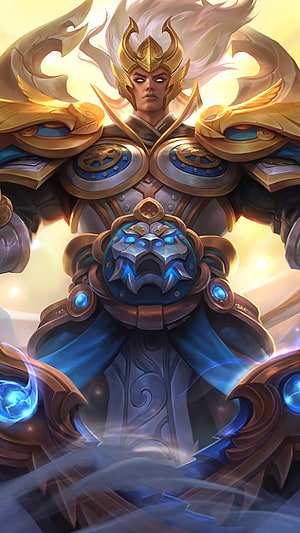 Martis God of War Skin from Mobile Legends in Golden Armor with Blue Energy HD phone wallpaper