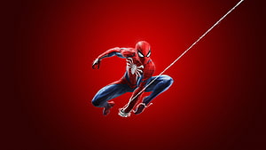 Spider-Man in Classic Red and Blue Suit Swinging on Web Against Red Background, Spiderman Ps4 10k , , Background, and , 16K Ultra Game HD wallpaper