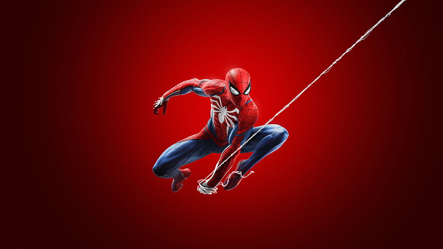 Spider-Man in Classic Red and Blue Suit Swinging on Web Against Red Background, Spiderman Ps4 10k , , Background, and , 16K Ultra Game HD wallpaper