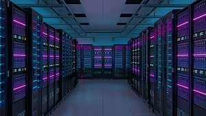 Futuristic Server Room With Neon Purple And Blue Lights HD wallpaper