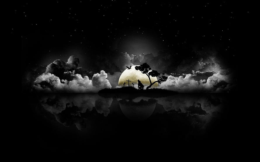 Moody Night Sky with Full Moon, Silhouetted Tree, and Water Reflection HD wallpaper