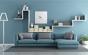Modern Living Room With Blue Sofa And Geometric Wall Shelves HD wallpaper